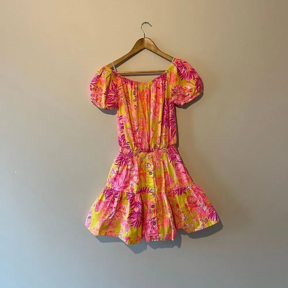 Lilly Pulitzer Jesiba Romper Calla Yellow Floral Coral 100% cotton coastal beach